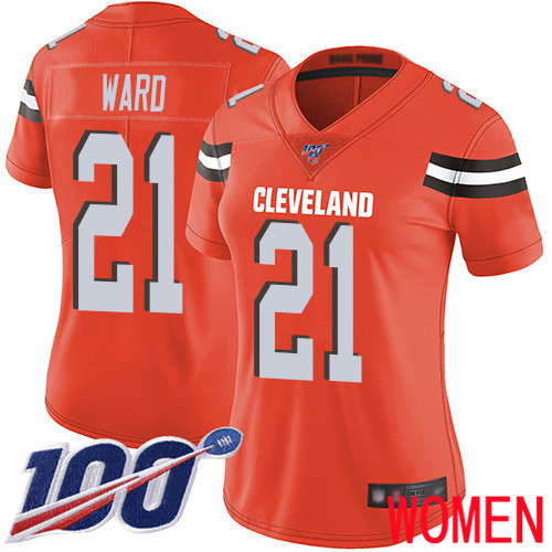 Cleveland Browns Denzel Ward Women Orange Limited Jersey #21 NFL Football Alternate 100th Season Vapor Untouchable->women nfl jersey->Women Jersey